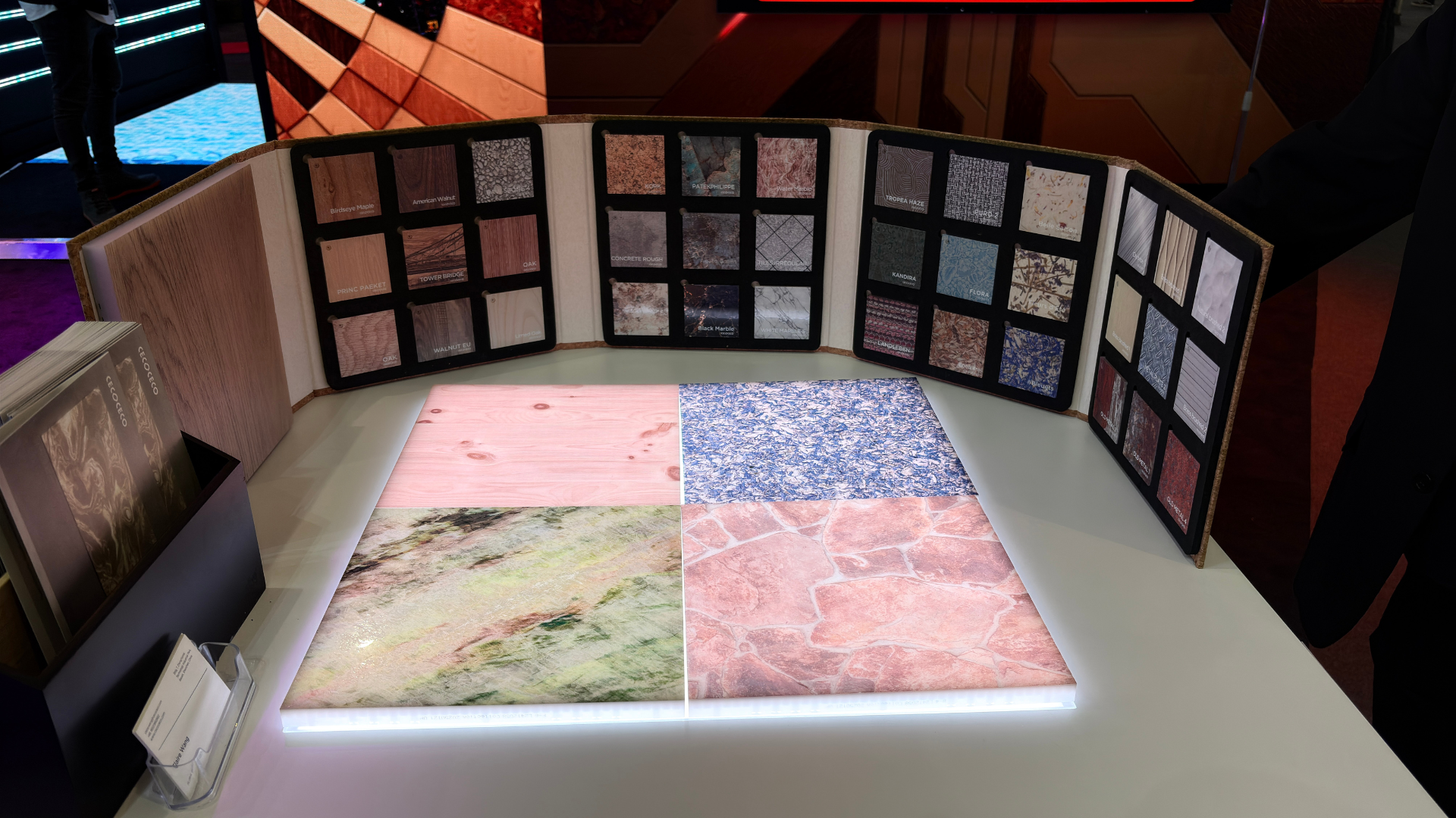 ArtMorph by CecoCeco a MicroLED display with wood, stone, and marble finishes blending digital signage with high-end interior design